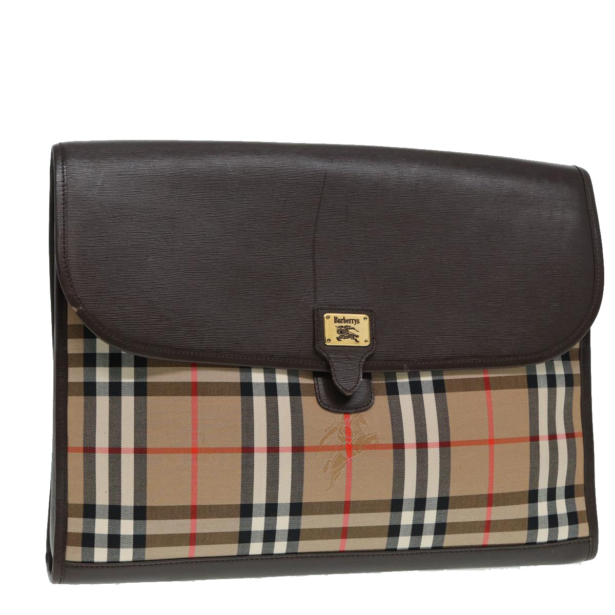 Luxury BurberrySs Nova Check Clutch Bag Canvas Leather Beige Brown gold Auth hk1568