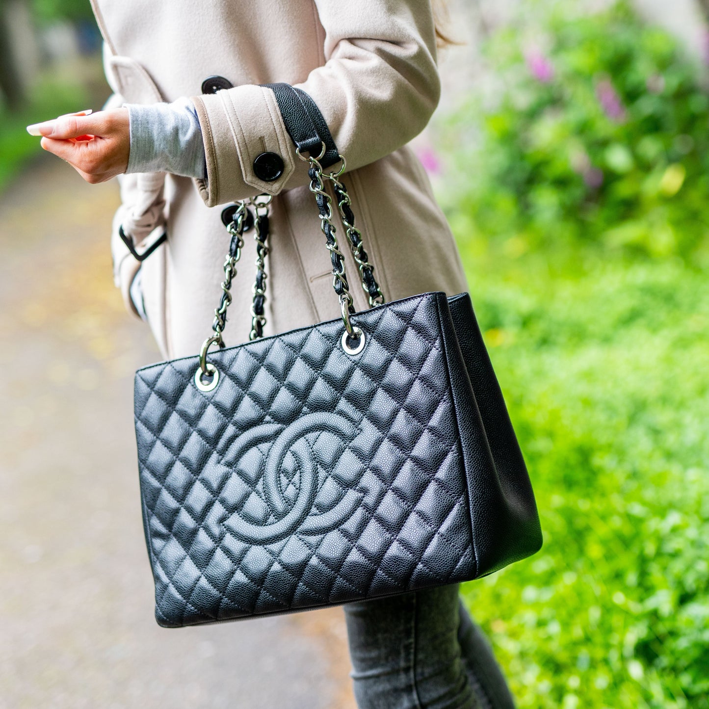 Chanel Beige Caviar Grand Shopper Tote with gold hardware