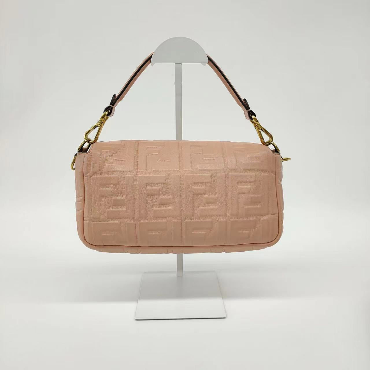 FENDI Baguette Salmon Pink Leather 3D FF Motif Crossbody bag
