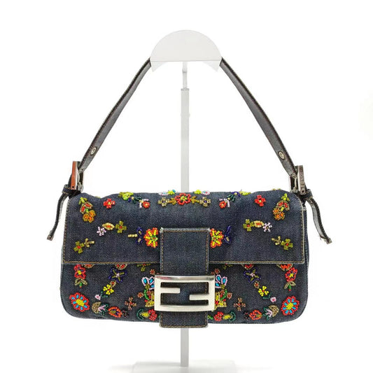 FENDI Baguette Blue Denim with beaded Flower Embroidery