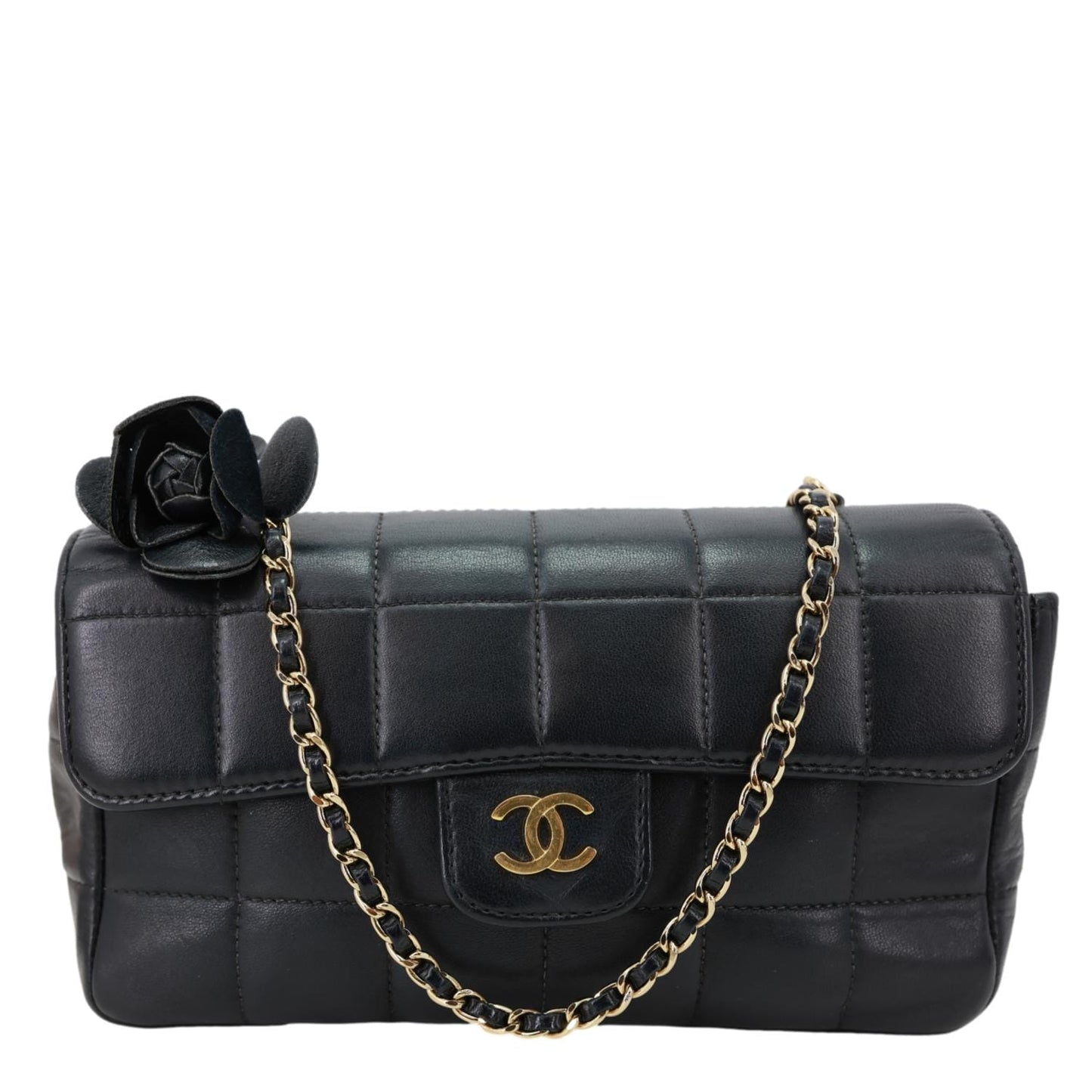 CHANEL Camellia Chocolate Bar Flap Mini Quilted Lambskin Leather Crossbody Bag Black