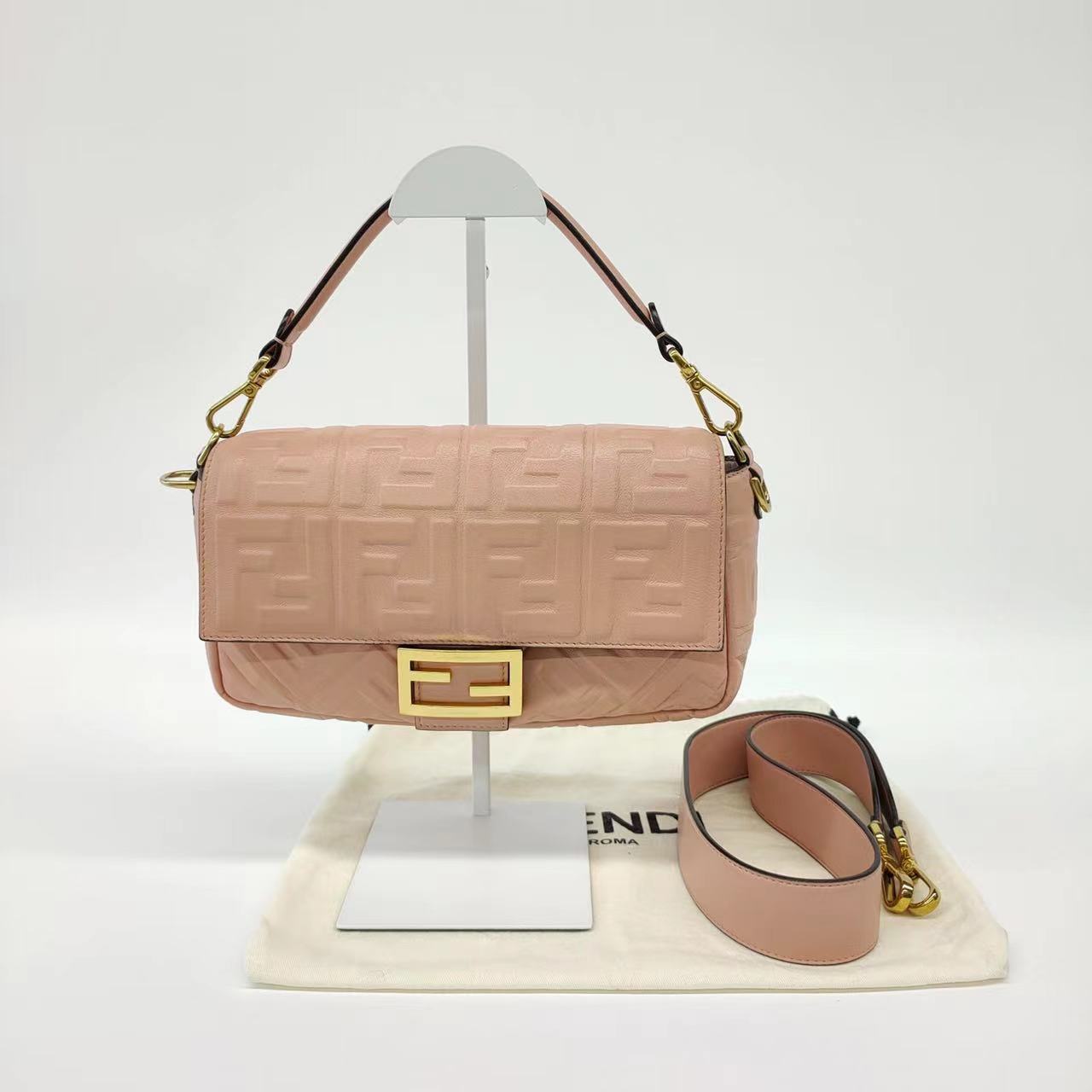 FENDI Baguette Salmon Pink Leather 3D FF Motif Crossbody bag