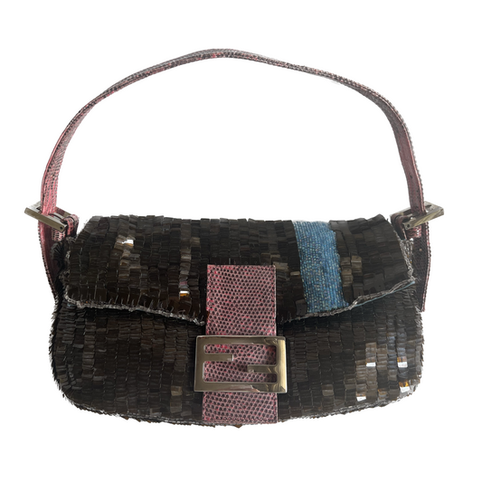 Fendi Baguette Brown Sequins with blue beads & pink lizard skin strap
