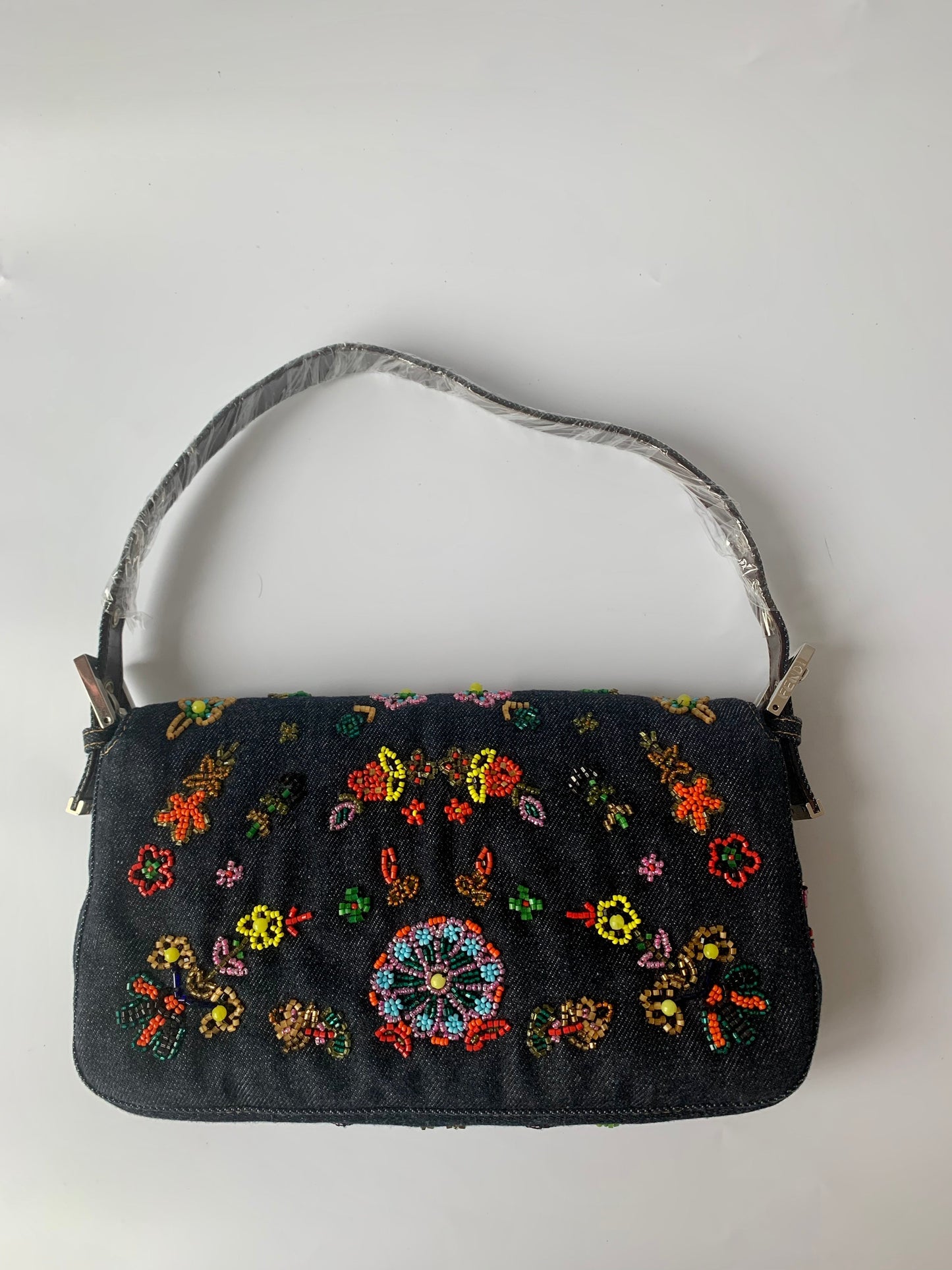 FENDI Baguette Blue Denim with beaded Flower Embroidery