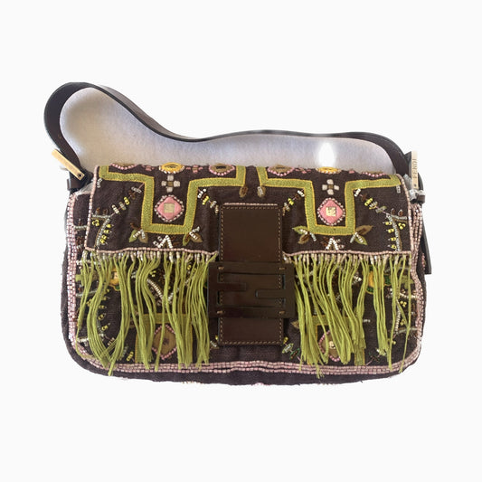 Fendi Baguette Vintage Brown Canvas/cotton with embroidery sequins mirrors and tassels