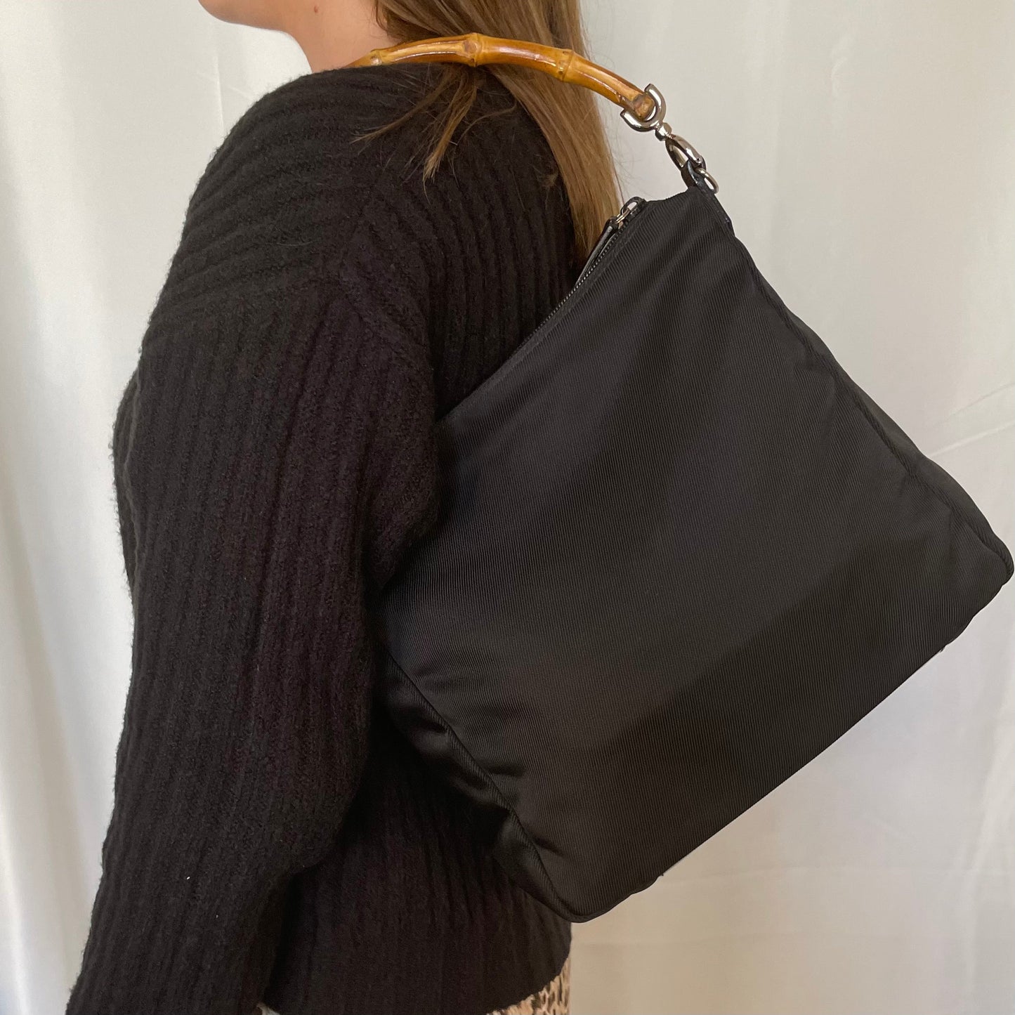 Gucci Bamboo Black Leather Canvas Tote Style 2