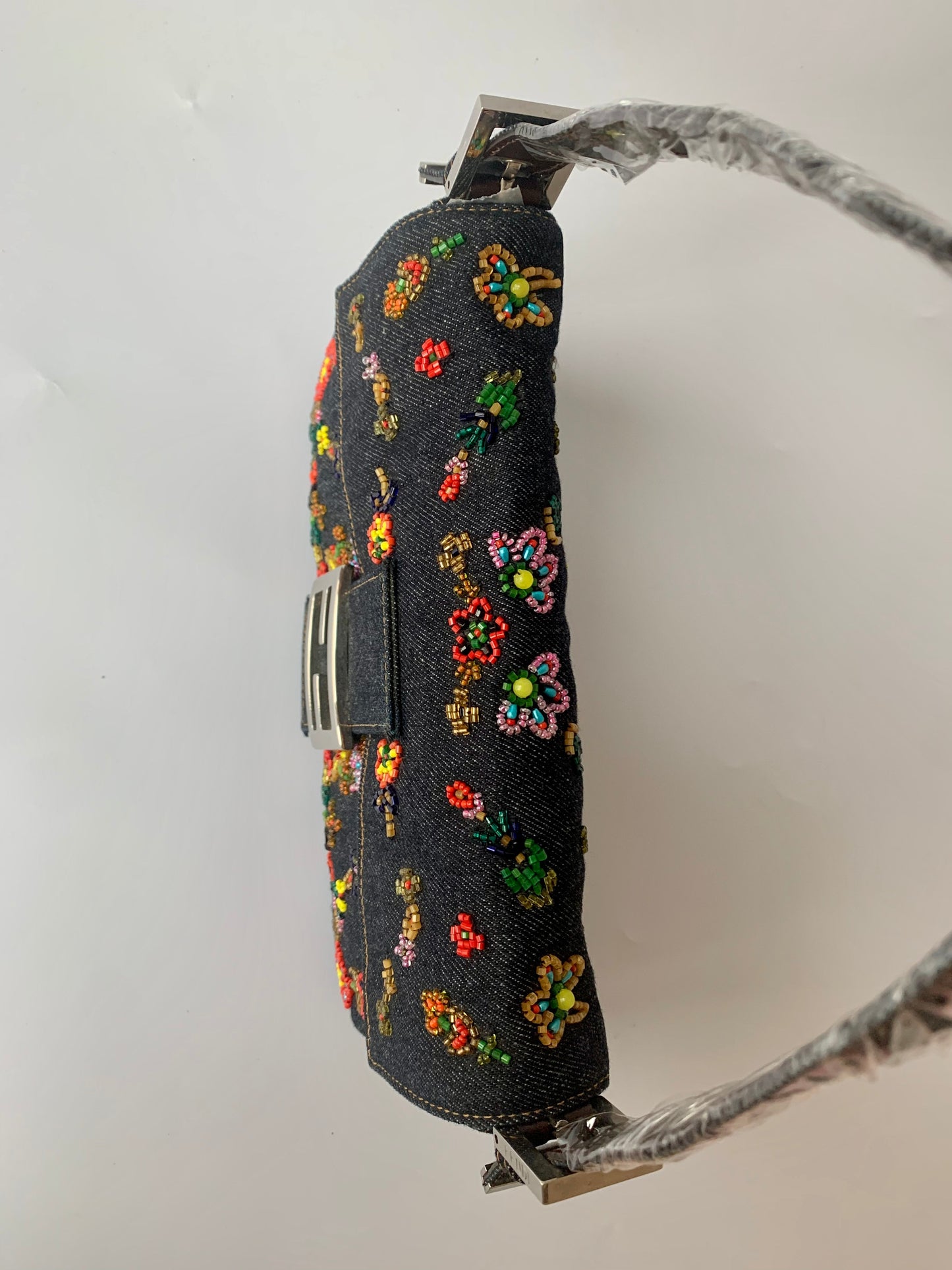 FENDI Baguette Blue Denim with beaded Flower Embroidery