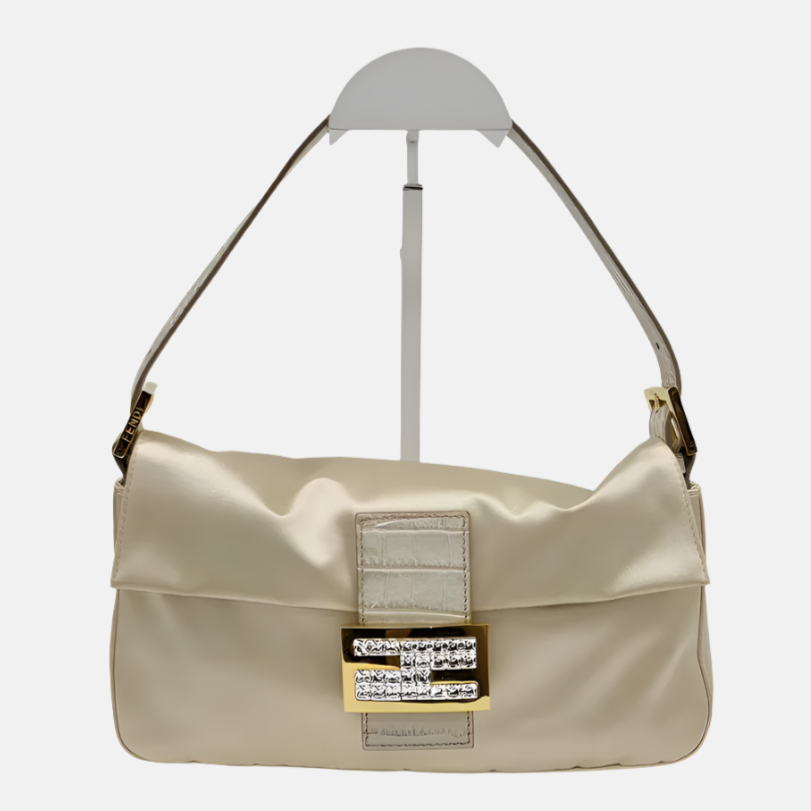 FENDI Baguette Cream Biege Silk with Crystal Buckle