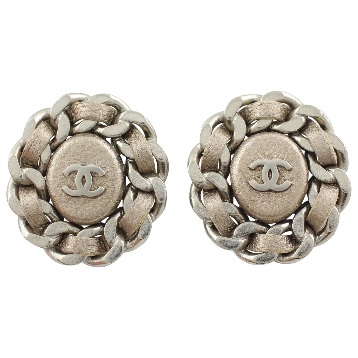 Chanel CC Leather Woven Chain Earrings