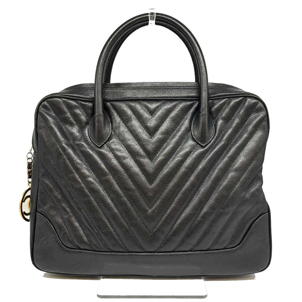 Chanel Caviar Skin Handbag Chevron V Stitch Black Leather Classic Flap