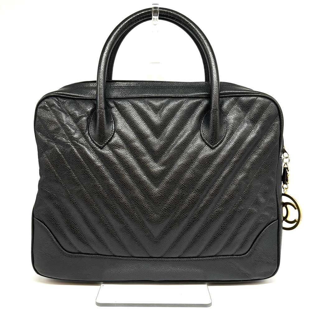 Chanel Caviar Skin Handbag Chevron V Stitch Black Leather Classic Flap