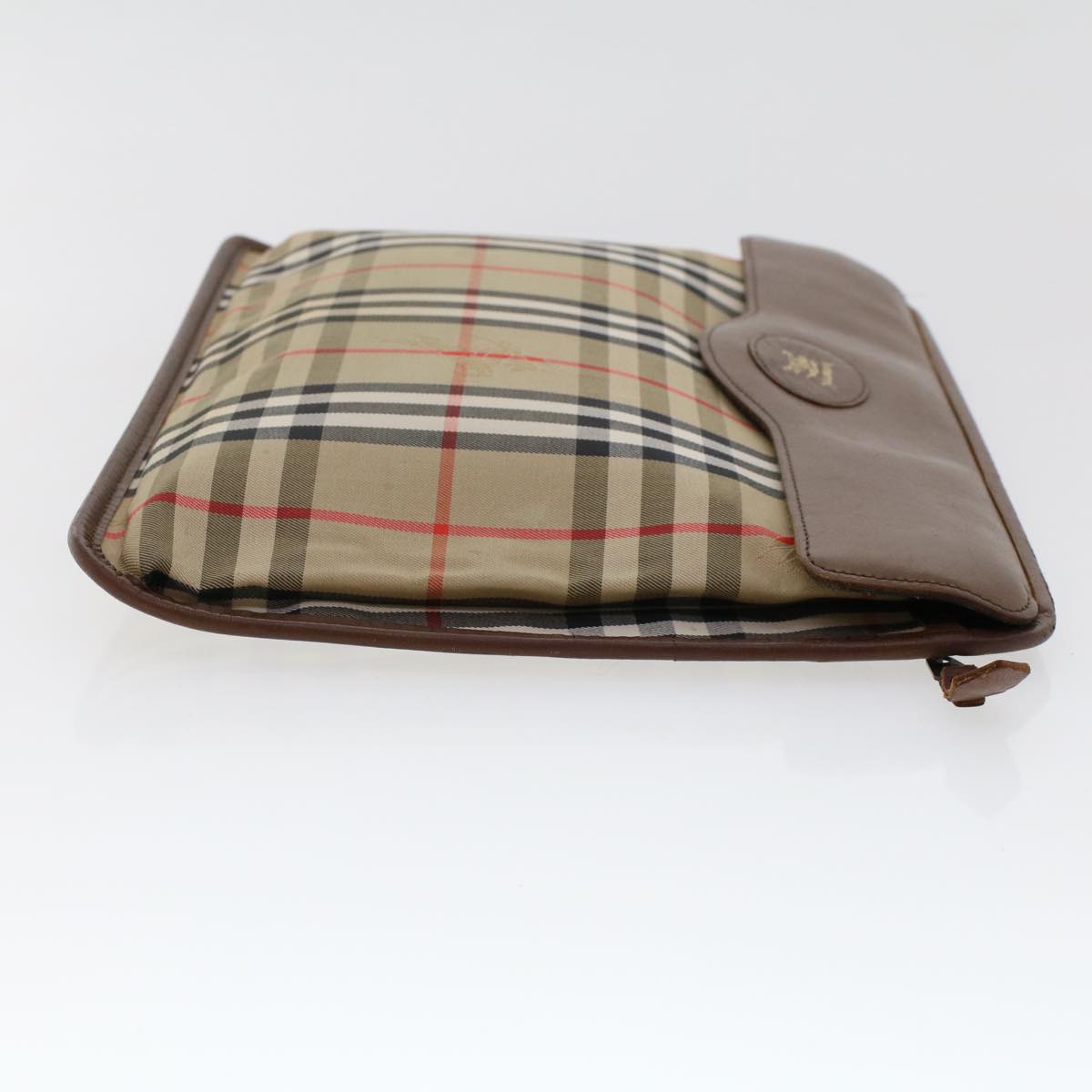 Luxury BurberrySs Nova Check Clutch Bag Nylon Leather Beige Auth ki3144