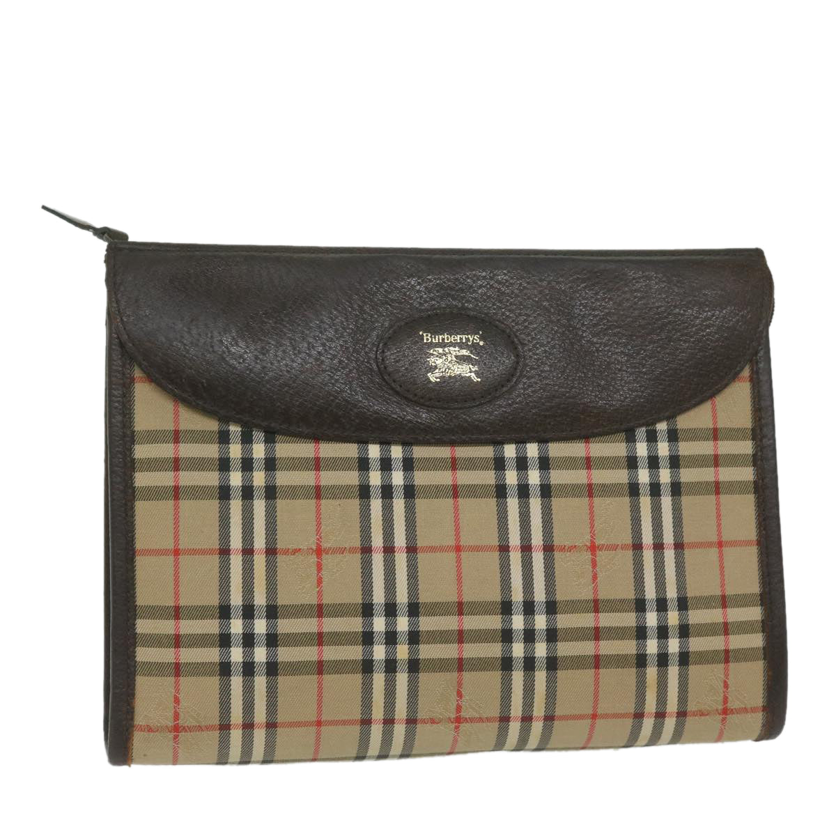 Luxury BurberrySs Nova Check Clutch Bag Nylon Canvas Beige Auth ki3989