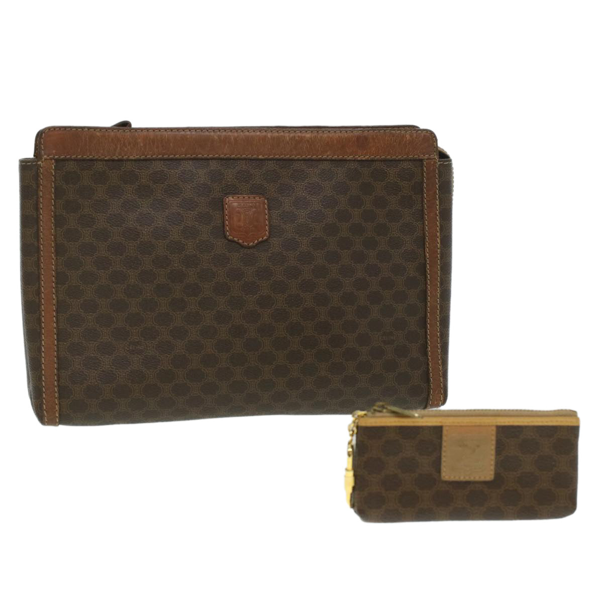 Luxury CELINE Macadam Canvas Coin Purse Clutch Bag PVC Leather 2Set Brown kk159