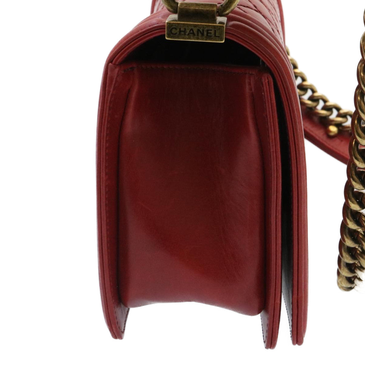 CHANEL Boy  Matelasse Chain Flap Shoulder Bag Leather Red CC Auth knn010