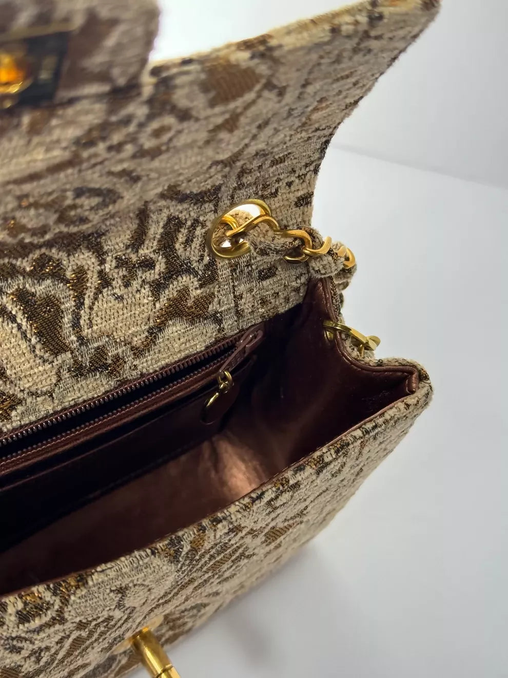 Chanel  1991 Bronze Metallic Brocade Mini Square Flap Bag