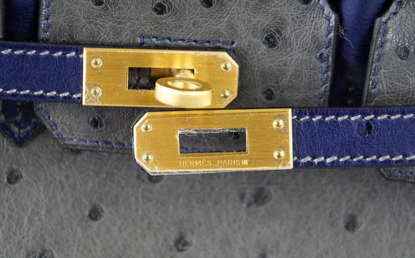 Hermes Birkin 25 Bag HSS Ostrich Gris Agate/ Blue Sapphire Brushed Gold