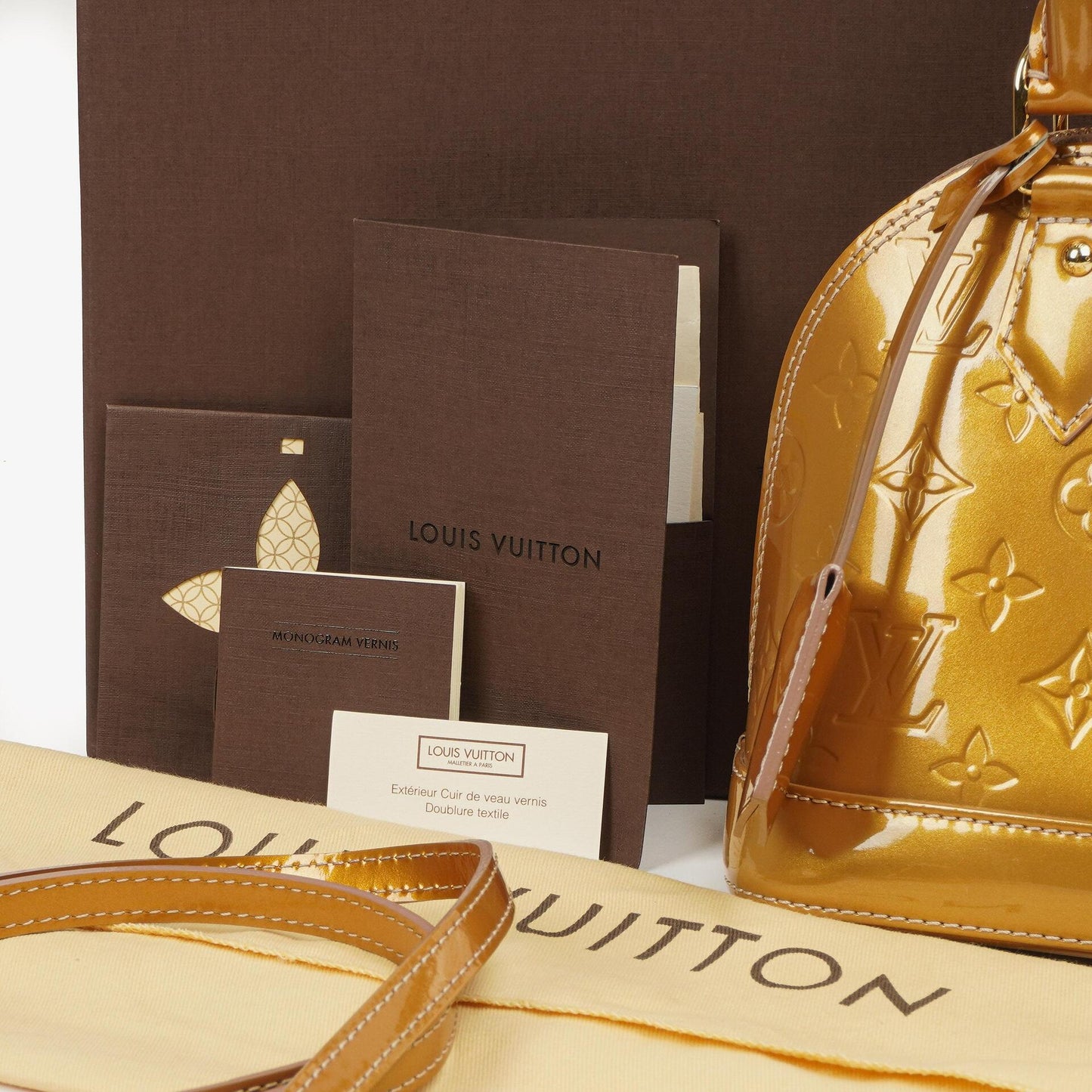 Louis Vuitton Alma BB Gold Poudre Monogram Vernis Leather Handbag