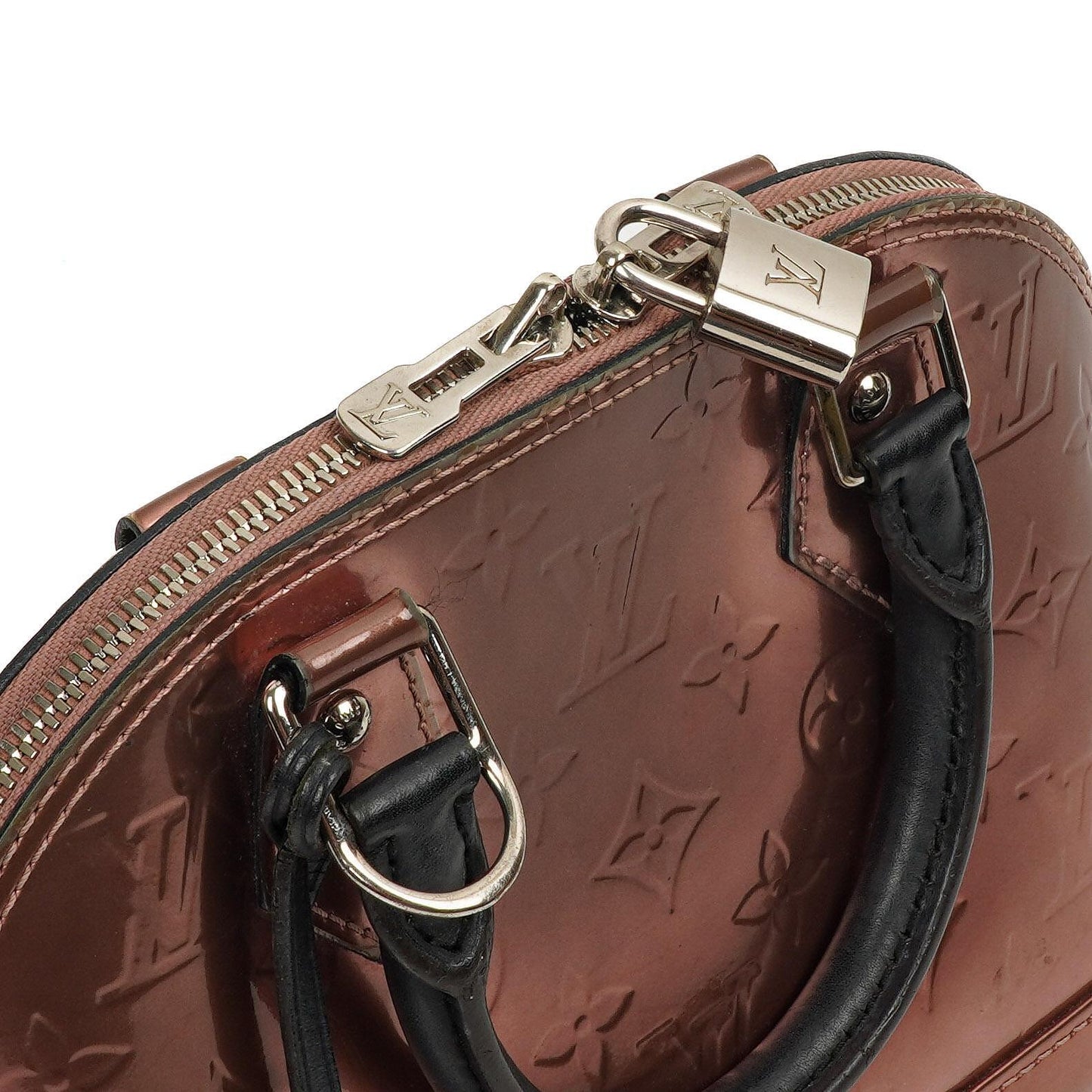 Louis Vuitton Alma BB Rose Cuivre Monogram Vernis Leather Handbag