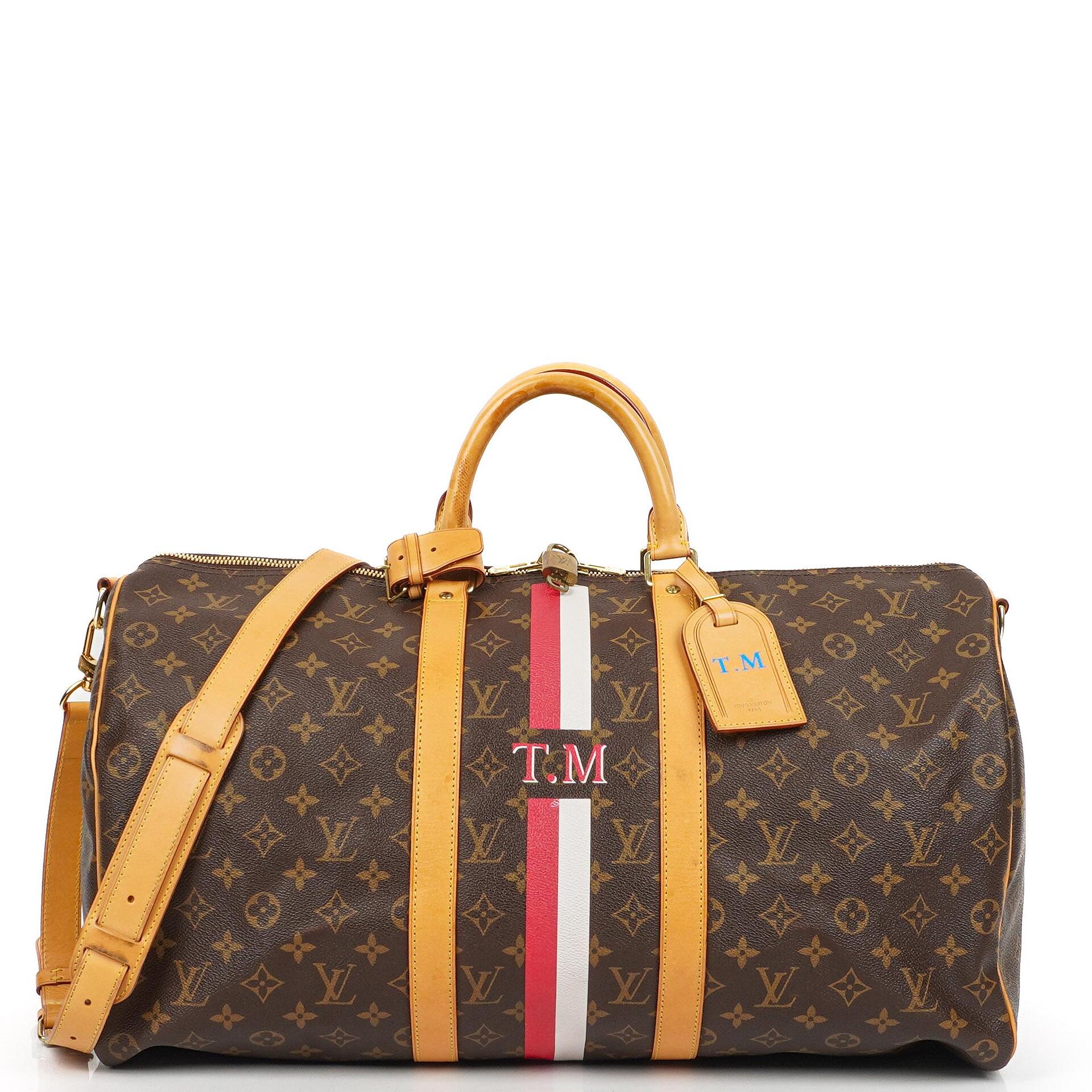 Louis Vuitton Keepall 50 Bandouliere Monogram Canvas Travel Bag With Personalised Hot Stamp