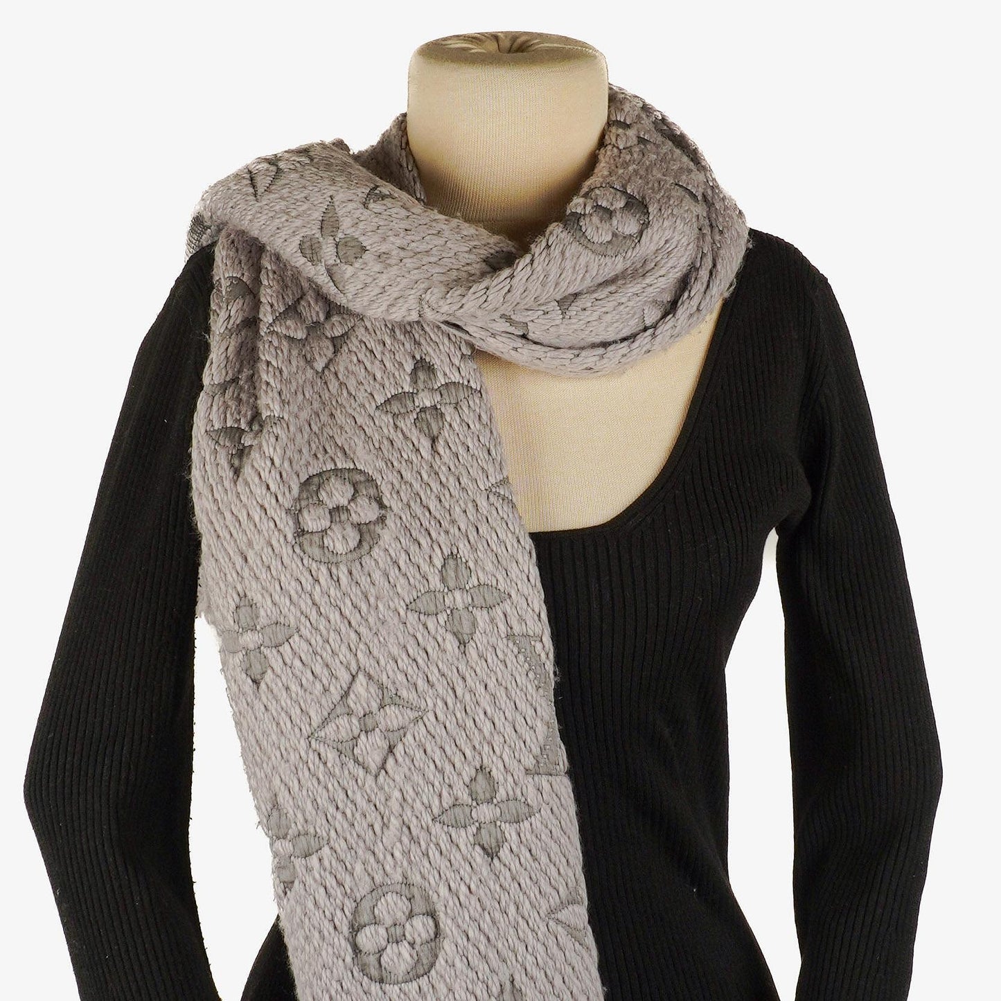 Louis Vuitton Logomania Wool Silk Scarf Pearl Grey