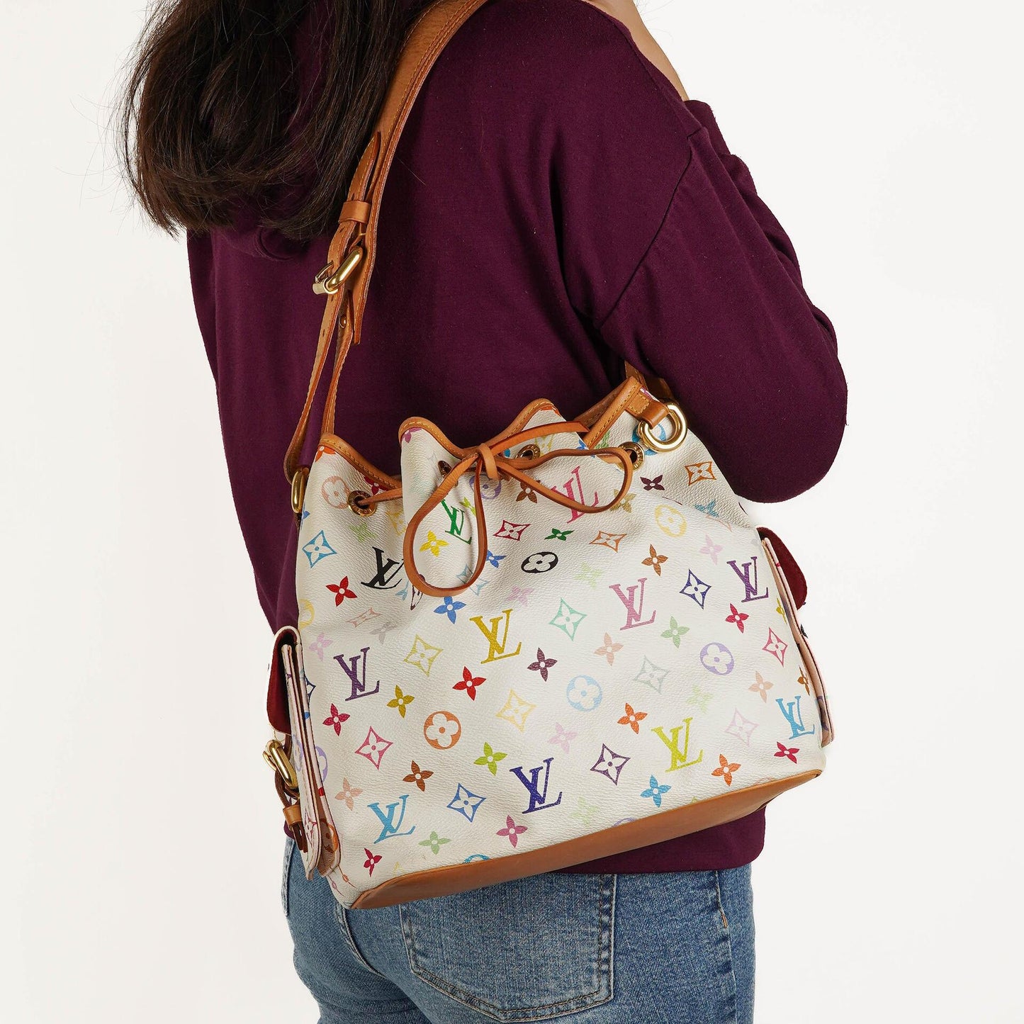 Louis Vuitton x Takashi Murakami White Multicolore Monogram Coated Canvas Petit Noe Shoulder Bag