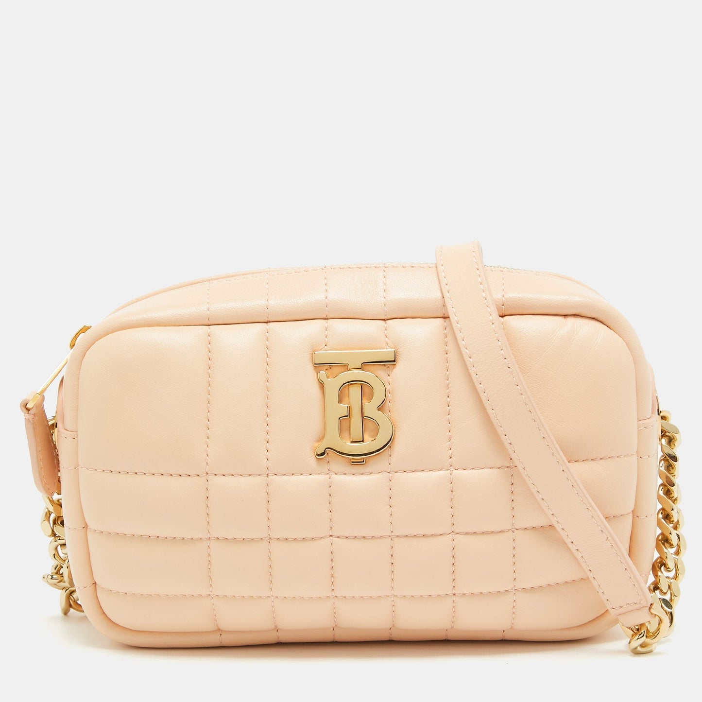 Luxury Burberry Peach Pink Quilted Leather Mini Lola Camera Bag