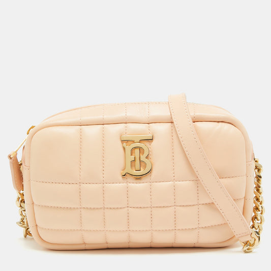Luxury Burberry Peach Pink Quilted Leather Mini Lola Camera Bag