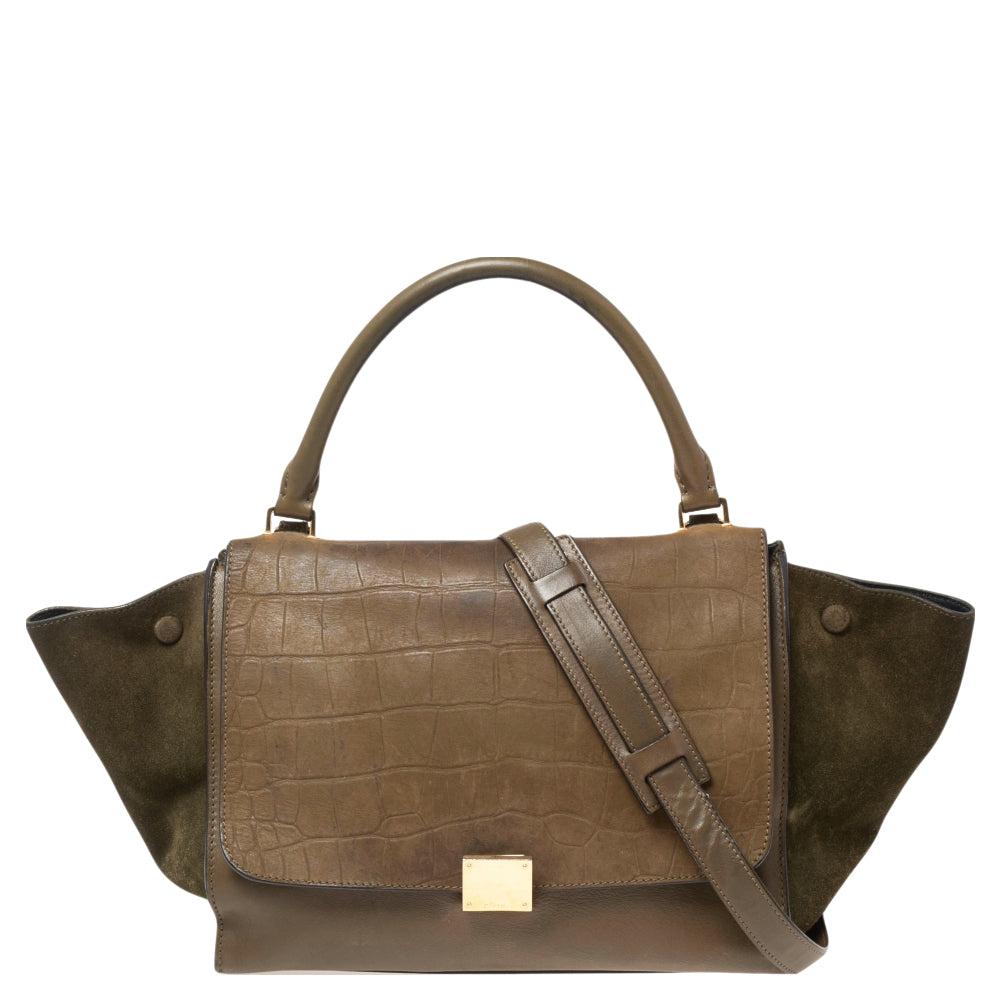 Luxury CELINE Tri Color Leather and Suede Medium Trapeze Top Handle Bag