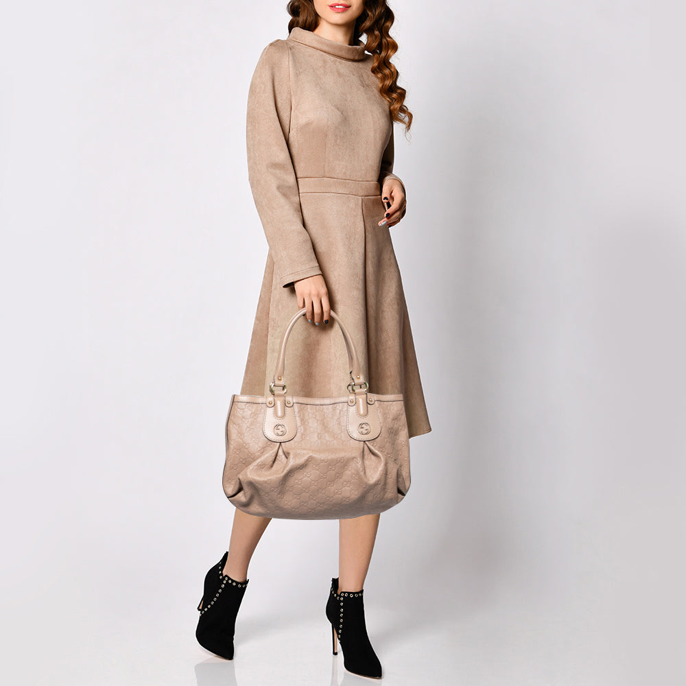 Gucci Guccissima Beige Leather Canvas Shoulder Bag