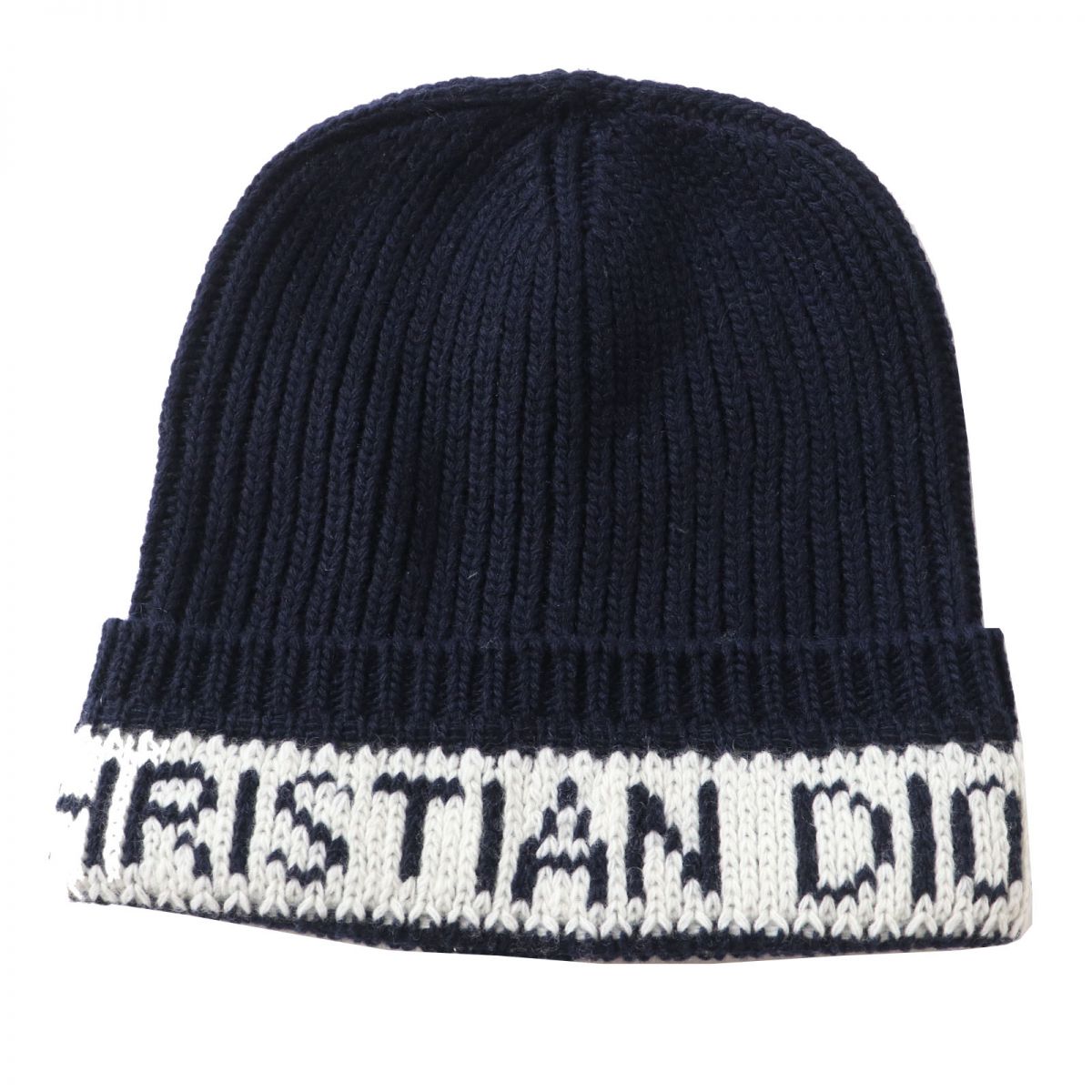 Christian Dior Knit cap Main: 70% wool, Main: 30% cashmere Navy x white Women