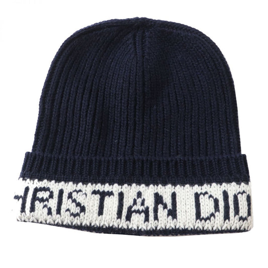Christian Dior Knit cap Main: 70% wool, Main: 30% cashmere Navy x white Women