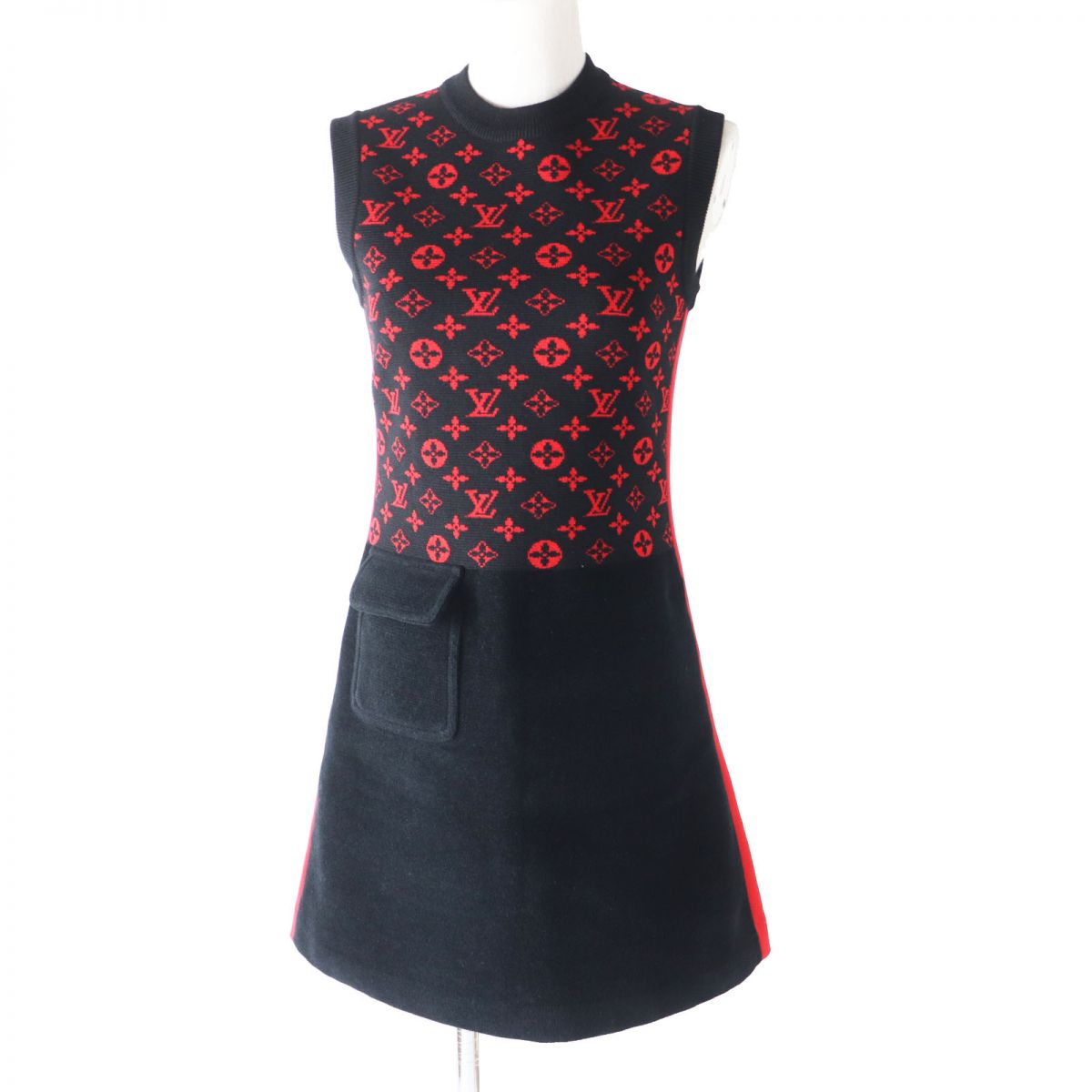 LOUIS VUITTON one piece Outer: 55% wool, Outer: 30% cotton, Outer: 10% silk, Outer: 4% polyamide, Lining: 1% polyurethane Black x Red Monogram Women XS