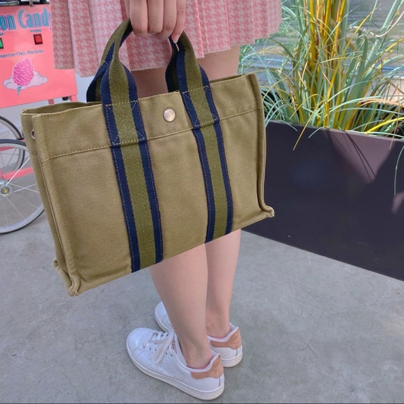 Luxury Hermes Green Canvas Fourre Tout PM Tote Bag