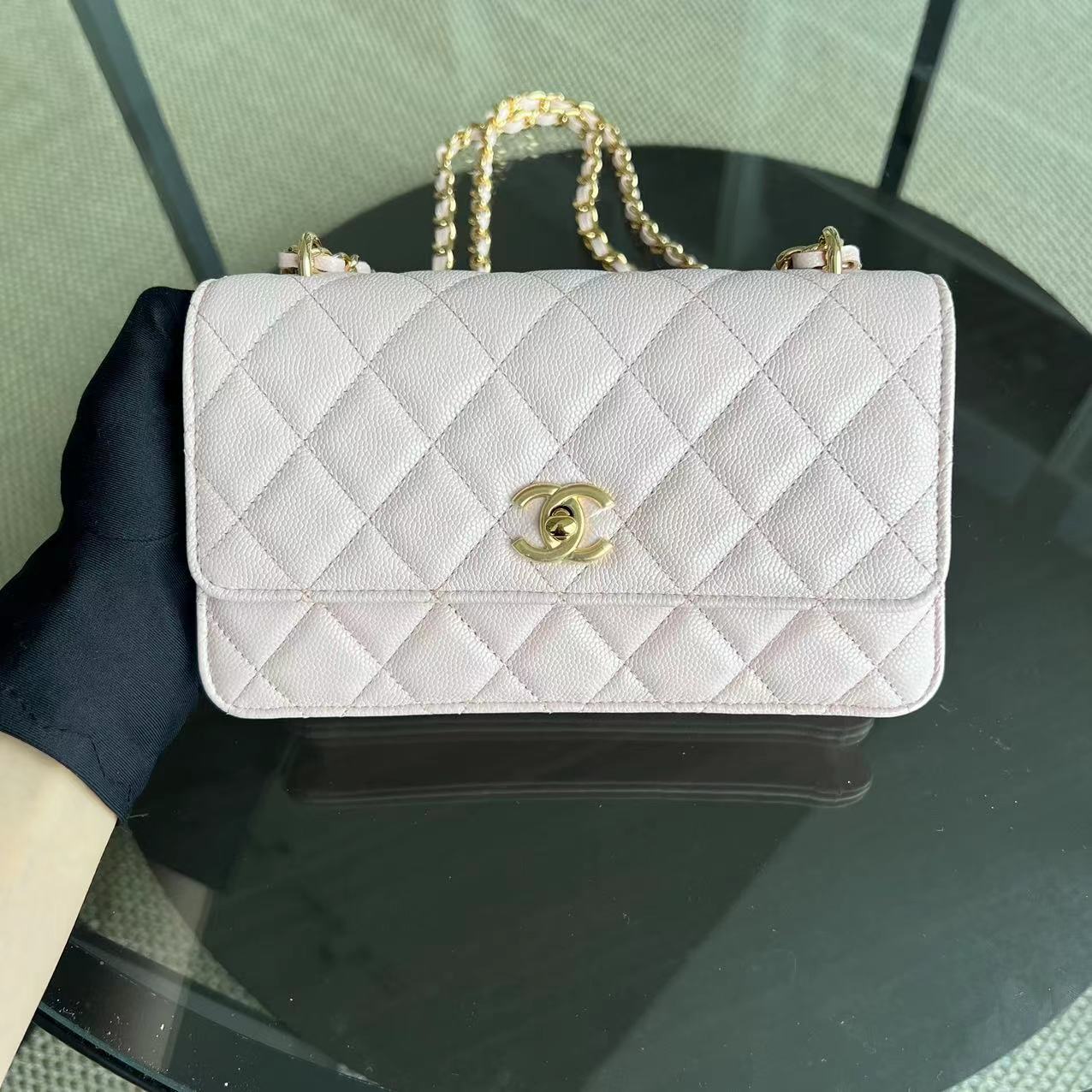 *Microchip* Chanel Caviar 23S - Wallet On Chain WOC Quilted Grained Calfskin Sakura Pink Golden Hardware