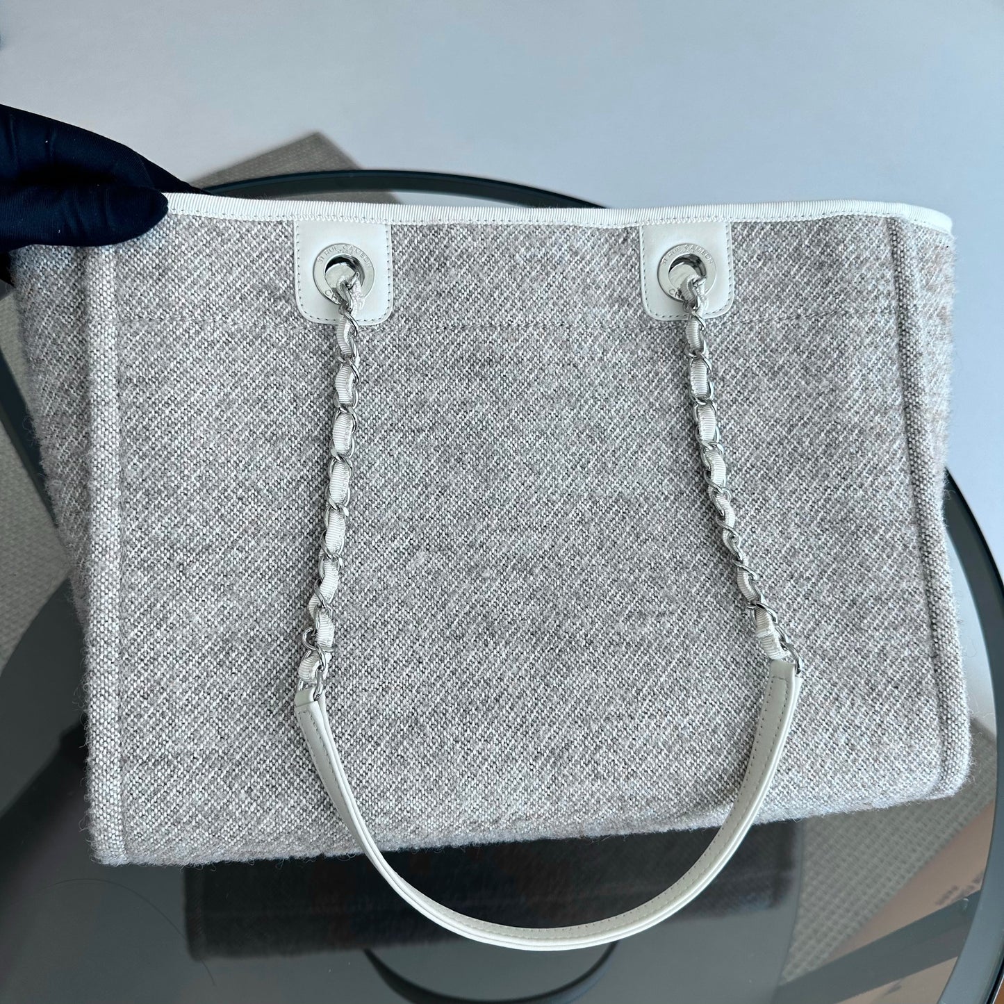 *Microchip* Chanel Deauville Tote Medium Tweed Grey White SHW Microchip