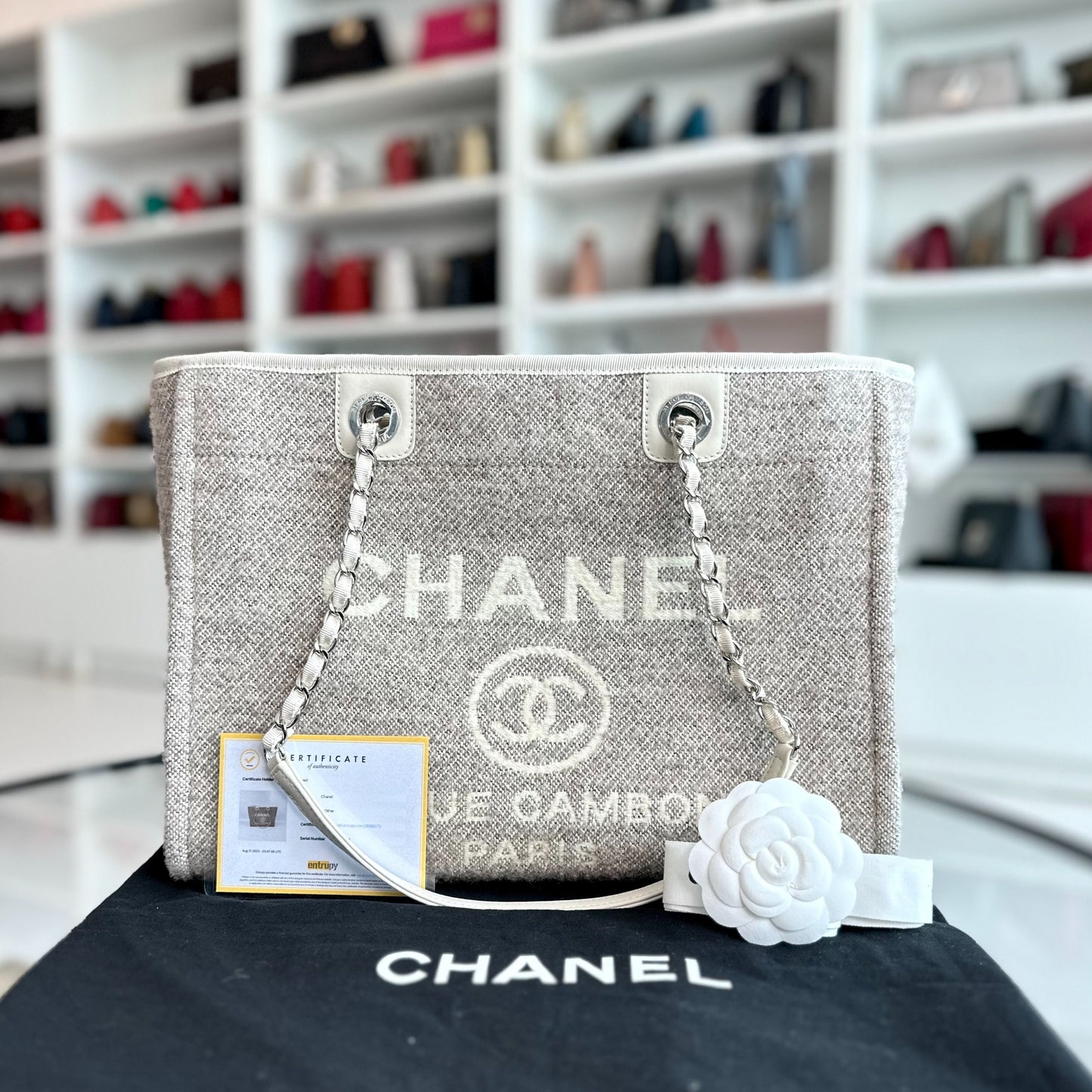 *Microchip, Like New* Chanel Deauville Tote Medium Grey White SHW Microchip