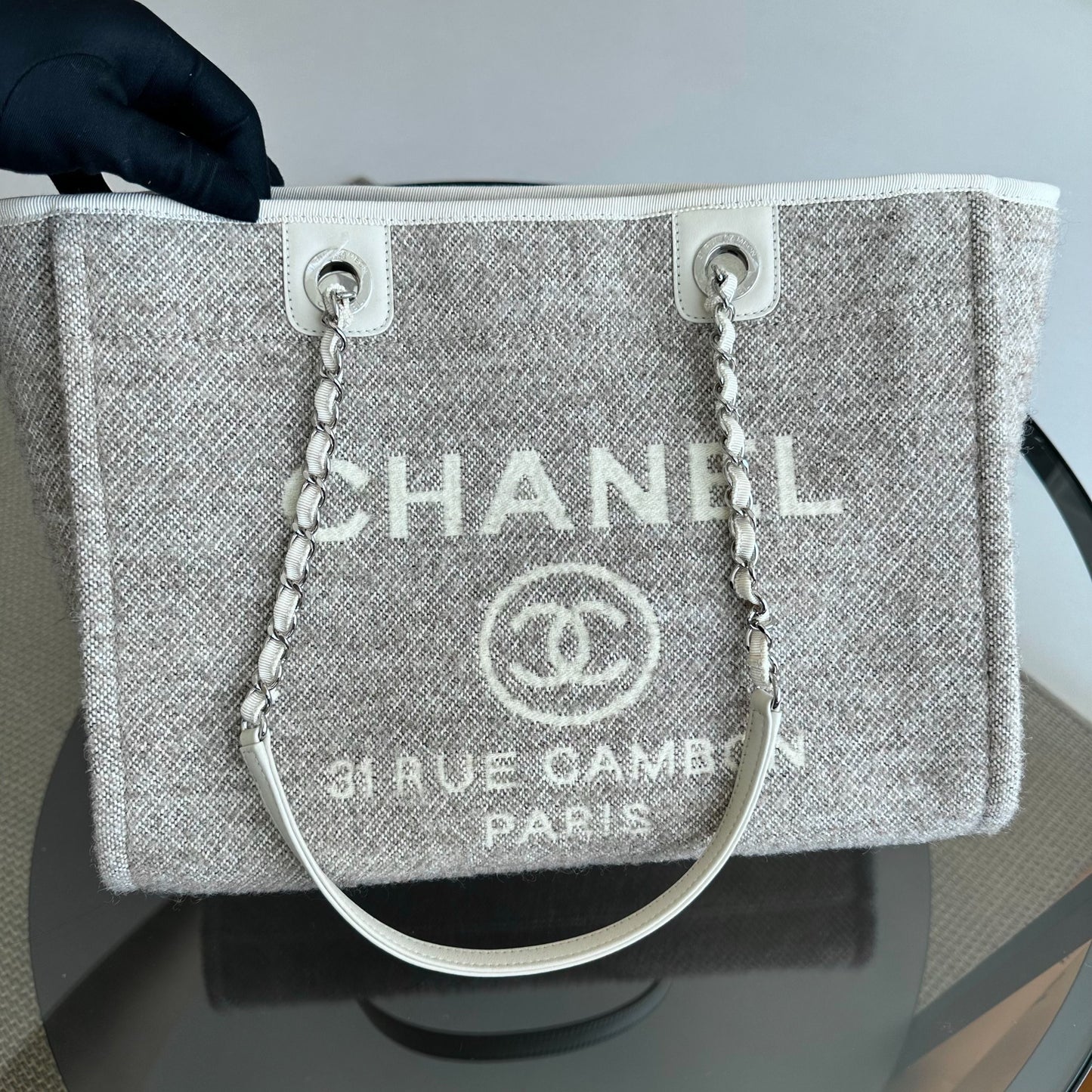 *Microchip, Like New* Chanel Deauville Tote Medium Grey White SHW Microchip