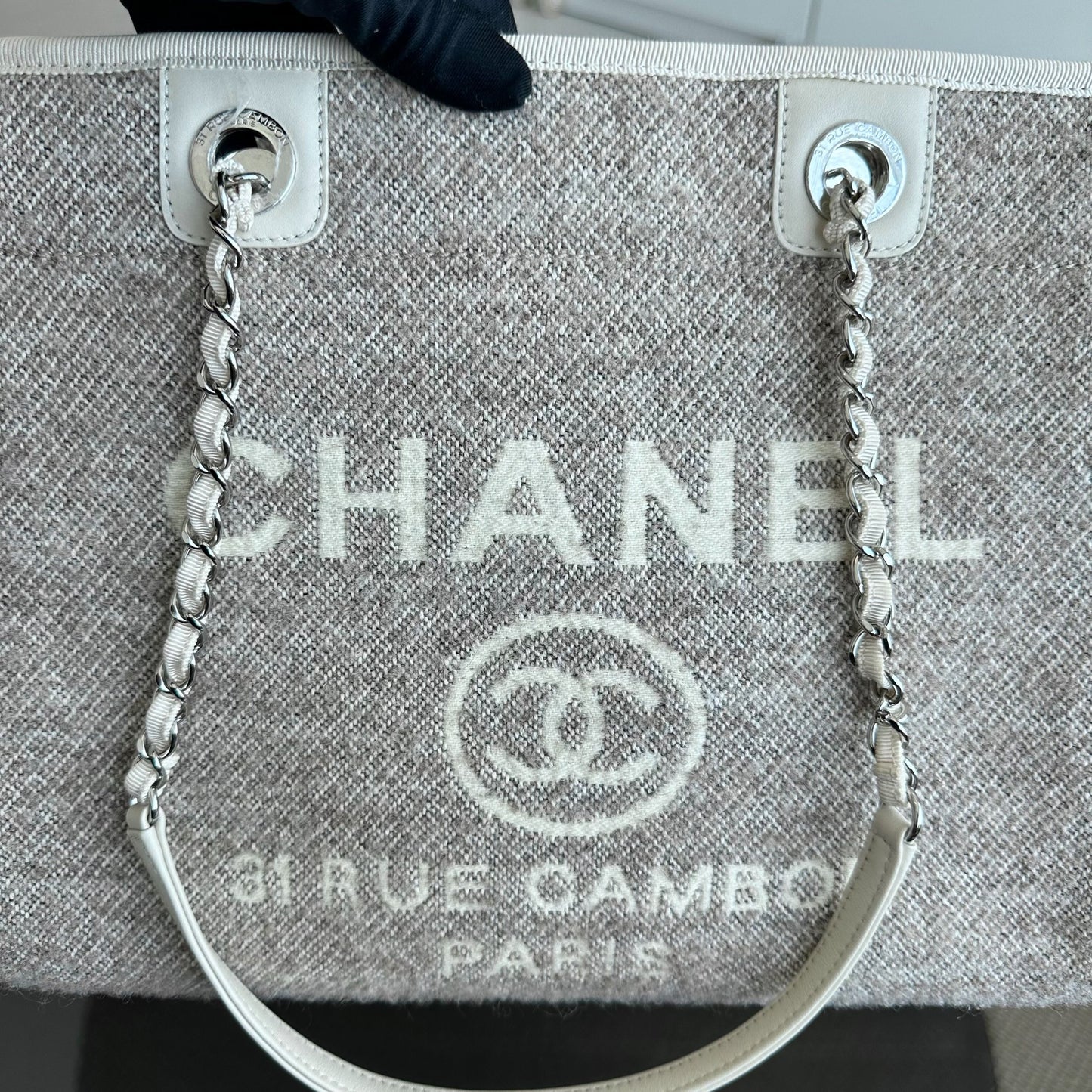 *Microchip, Like New* Chanel Deauville Tote Medium Grey White SHW Microchip