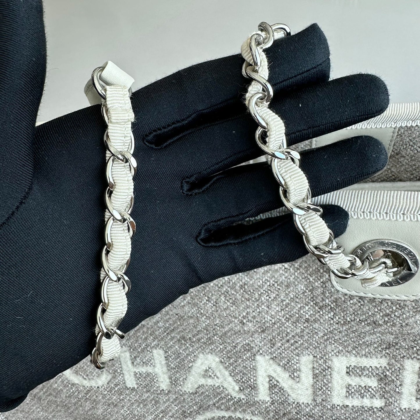 *Microchip, Like New* Chanel Deauville Tote Medium Grey White SHW Microchip