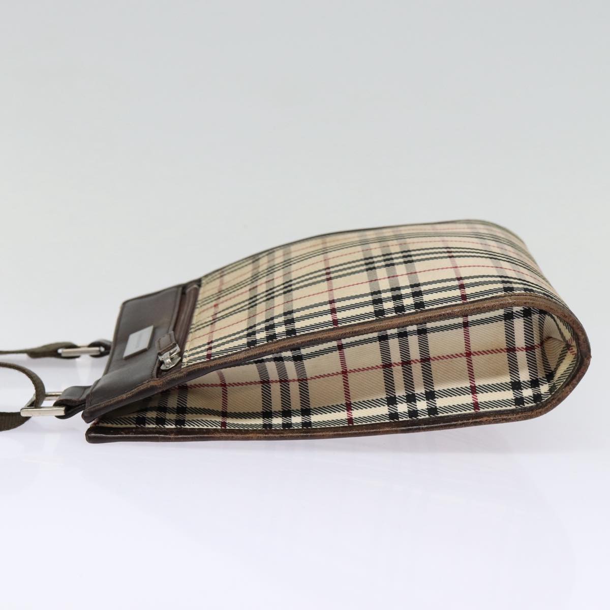 Luxury Burberry Nova Check Shoulder Bag Canvas Leather Beige Brown Silver Auth mr422