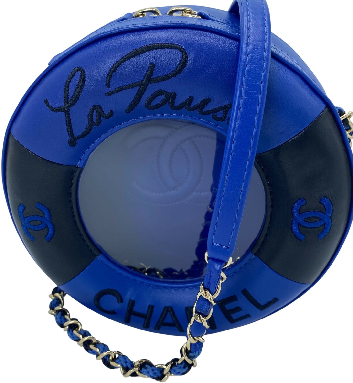 CHANEL 19C LA PAUSA COCO LIFESAVER MINAUDIÈRE BAG BLUE & BLACK WITH CHAMPAGNE GOLD HARDWARE