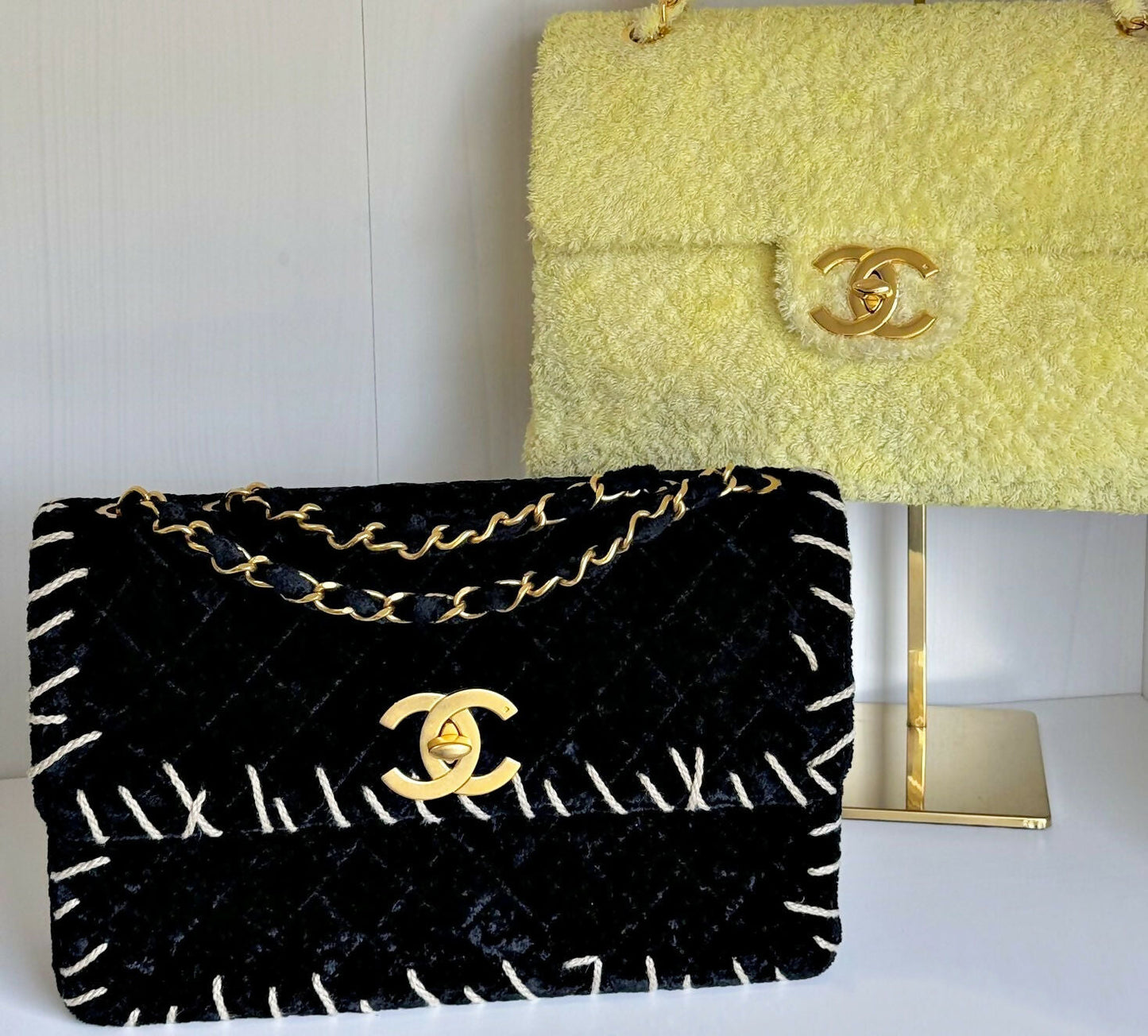 Chanel  1993 Black Velvet Whipstitch Flap Bag
