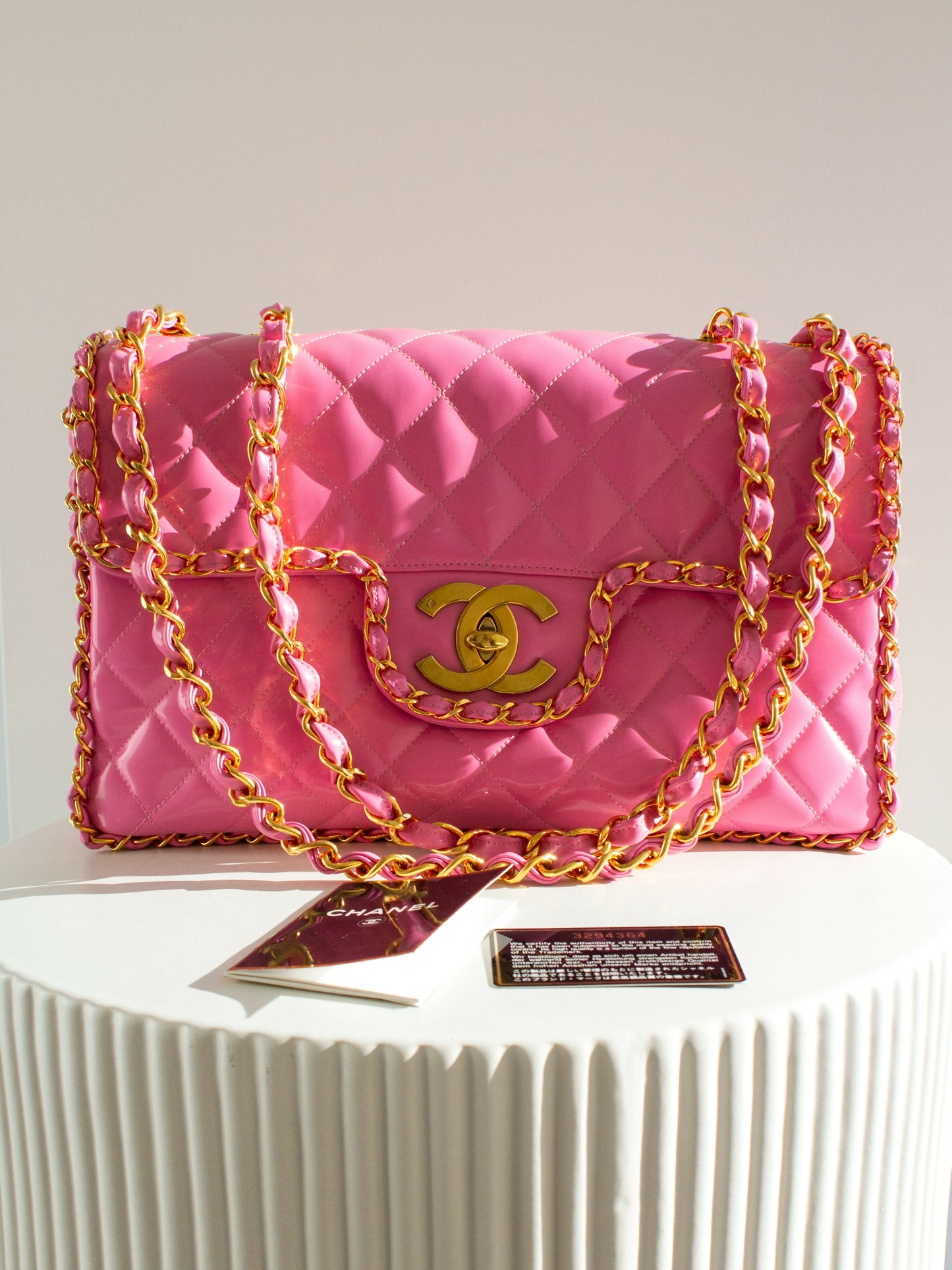 Chanel  S/S1995 Barbie Pink 24K Gold Chain Around Patent Lambskin Jumbo XL 95P Bag