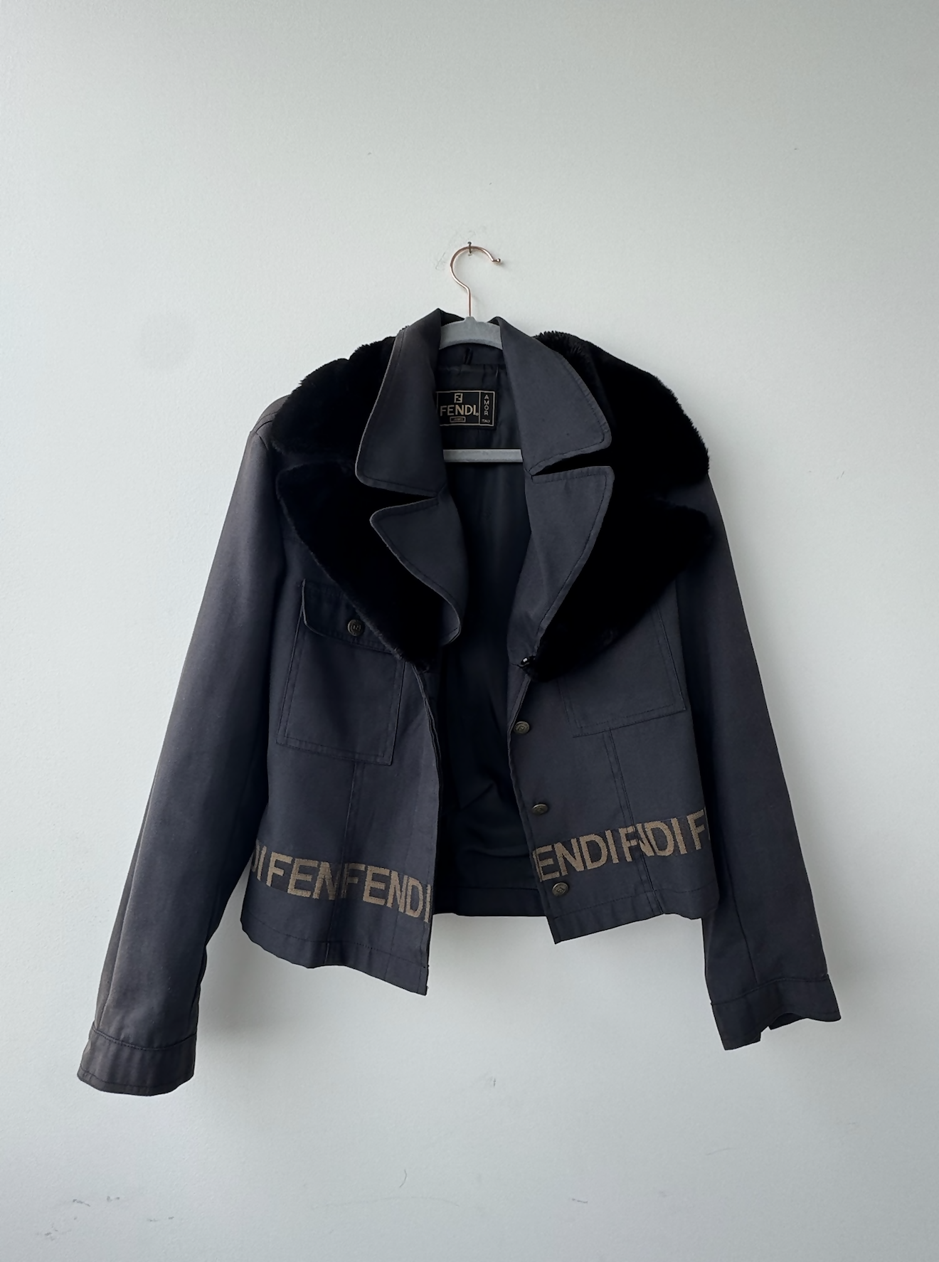 FENDI JEANS Women's Logo Fur Jacket Denim Black