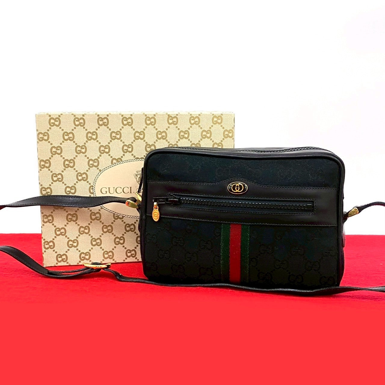 Gucci GG Logo Canvas Leather Shoulder Bag