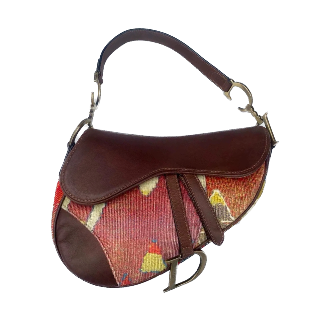 Dior Saddle bag Vintage brown leather and printed velvet RARE