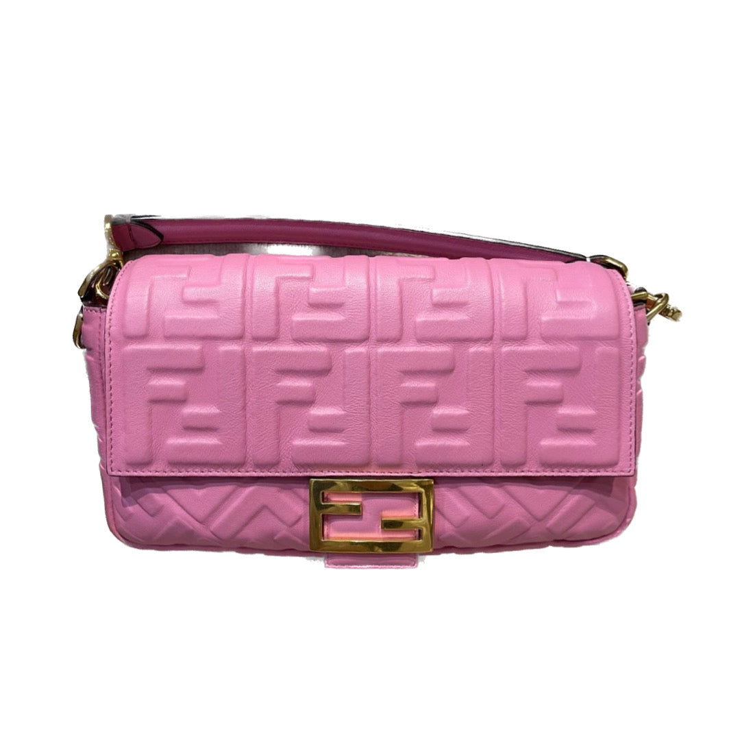 FENDI Baguette Pink Leather 3D FF Motif Crossbody bag