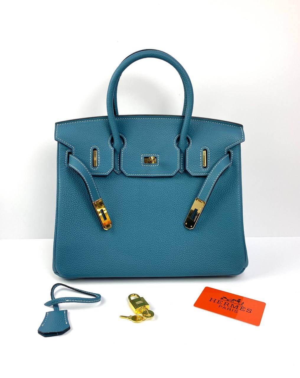Luxury Hermes Birkin 30 Biscuit Togo Leather blue Gold Hardware