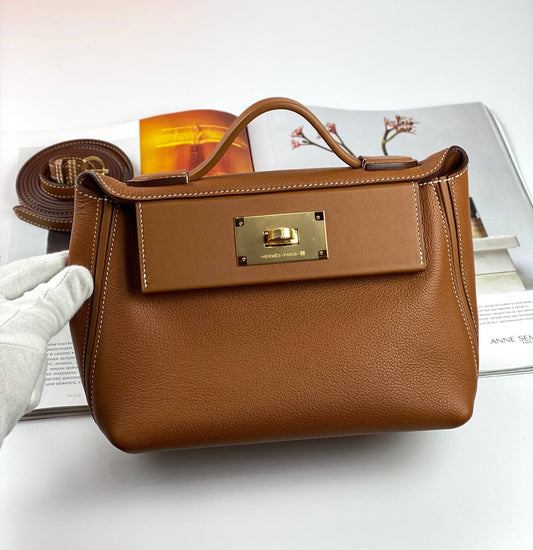 Luxury Hermes 24/24 Bag Evercolor with Swift 21  brown Gold Hardware